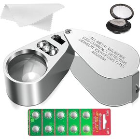 40X Jewelers Loupe, Full Metal Illuminated Jewelry Loop Magnifier, Pocket Folding Magnifying Glass with 10 Backup Batteries, for Currency Detecting, Coin, Diamonds, Gems, Jewelry, Stamps Close Work