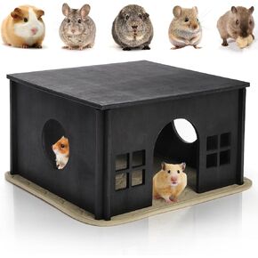 Wooden Hamster House, Guinea Pig Hideout with Soft Mat Windows, Detachable Small Pets Woodland House Decor for Chinchilla Mice Gerbils Mouse Dwarf