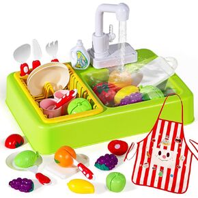 Play Sink with Running Water, Toddler Sink Toy with Running Water Kitchen Sink Toys with Apron Water Toys for Toddlers 1-3 Girls Kids Sink Children Electric Dishwasher Play House Pretend Role