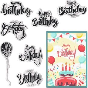 Threetols Happy Birthday Clear Stamps for Card Making, Ballon Clear Rubber Stamps Sentiments Words Stamps for Holiday Card Making DIY Scrapbooking Transparent Album Decor Paper Craft