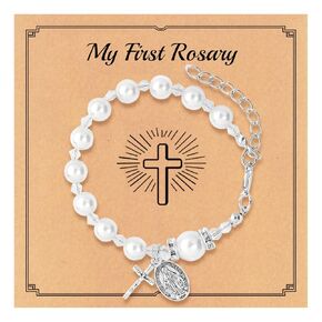 Rosary Bracelet Cross Pearl Bracelet for Girls Baptism Communion Catholic Confirmation Gifts for Granddaughter Daughter Niece, Easter Basket Stuffers for Teens