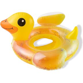 Zainpe Duck Inflatable Pool Float with Safety Seat, Yellow Inflation Swimming Ring with Glitters Outdoor Water Lounge Inflatable Raft Tube Fun Beach Floaty Toy