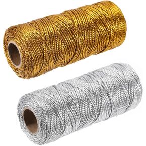 MECCANIXITY Cotton Rope Twisted Braided Rope Cord, Gold Silver 100m/109 Yard 1.5mm Dia for Wall Hanging, Plant Hanger, Knitting, Macrame Knotting