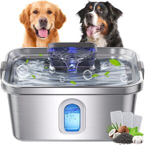 Dog Water Fountain for Large Dogs Stainless Steel Dog Water Fountain 2 Gal Cats & Pets Automatic Pet Water Fountain with Large Drinking Area Ultra-Quiet Pump Water Fountain Dog Bowl with Filters
