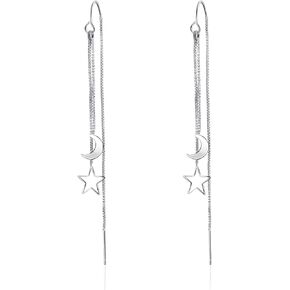 Star and Moon Sterling Silver Earrings for Women Threader Tassel Earrings Pull Through Earrings Celestial Hanging Earrings for Gift in Kuwait