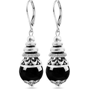 10mm Natural Black Agate Stone Bead Drop Earrings,Retro Silver Real Genuine Crystal Quartz Gemstone Boho Bohemian Dangle Earrings Jewelry Gift for Women (A01_Black Agate) in Kuwait