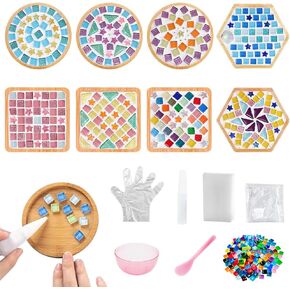 Ukontagood 8 Pcs DIY Mosaic Coasters for Crafts, Mosaic Tiles Coaster for Handmade Home Decoration, and Daily Presents, Mixed Color Mosaic Kits with Wooden Coaster