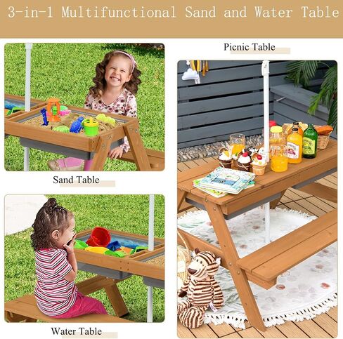 Arlime Sand and Water Fanse-طاولة نزهة من 3 في 1 مع ارتفاع مظلة قابلة للتعديل ، طاولة قابلة للإزالة أعلى و 2 صناديق ألعاب قابلة للفصل ، طاولة لعب المياه للفتيات ، الطاولة الحسية في الهواء الطلق (ملونة) in Kuwait