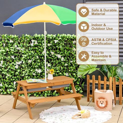 Arlime Sand and Water Fanse-طاولة نزهة من 3 في 1 مع ارتفاع مظلة قابلة للتعديل ، طاولة قابلة للإزالة أعلى و 2 صناديق ألعاب قابلة للفصل ، طاولة لعب المياه للفتيات ، الطاولة الحسية في الهواء الطلق (ملونة) in Kuwait