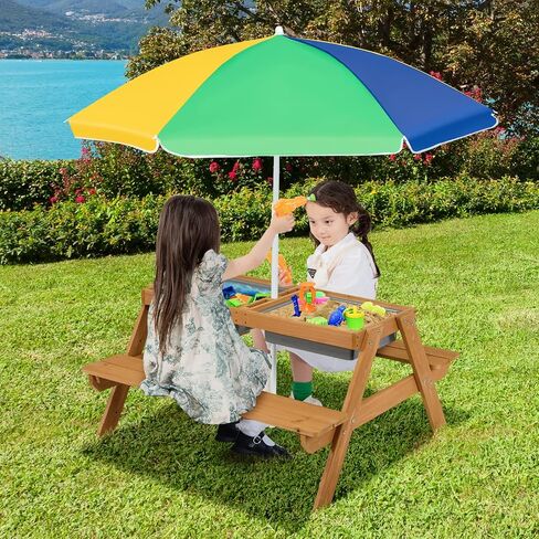 Arlime Sand and Water Fanse-طاولة نزهة من 3 في 1 مع ارتفاع مظلة قابلة للتعديل ، طاولة قابلة للإزالة أعلى و 2 صناديق ألعاب قابلة للفصل ، طاولة لعب المياه للفتيات ، الطاولة الحسية في الهواء الطلق (ملونة) in Kuwait