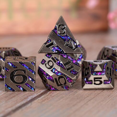 DND Metal Stripe Dice Set,7 PCS Polyhedral RPG Dice Set with Gift Case for Dungeons and Dragons (Antique Nickel Purple) in Saudi Arabia