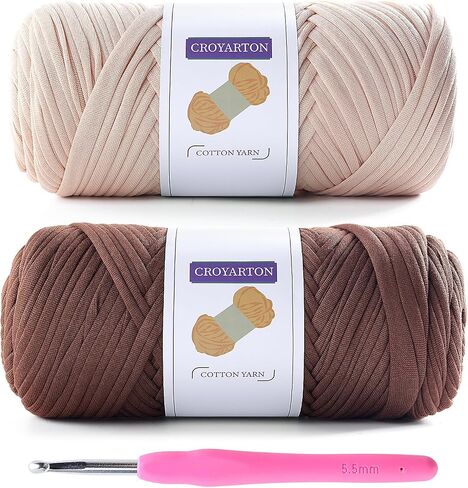 2 Pack T Shirt Yarn for Crocheting with 1 Crochet Hook, Elastic Tshirt Yarn for Crochet Bag/Baskets/Home Decor, Spaghetti Yarn Thick Knitting Yarn Total Length 130 Yds (Beige+Coffee Color) in Saudi Arabia