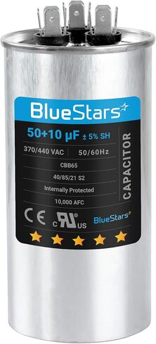 50+10 فائق التوهج 370-440VAC ±5% فولت قطعة غيار كهربائية لمكثف التشغيل الدائري من BlueStars - مناسب تمامًا لأنظمة التدفئة والتهوية وتكييف الهواء ومكيفات الهواء والمضخات الحرارية in Saudi Arabia