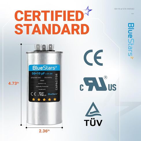 50+10 فائق التوهج 370-440VAC ±5% فولت قطعة غيار كهربائية لمكثف التشغيل الدائري من BlueStars - مناسب تمامًا لأنظمة التدفئة والتهوية وتكييف الهواء ومكيفات الهواء والمضخات الحرارية in Saudi Arabia