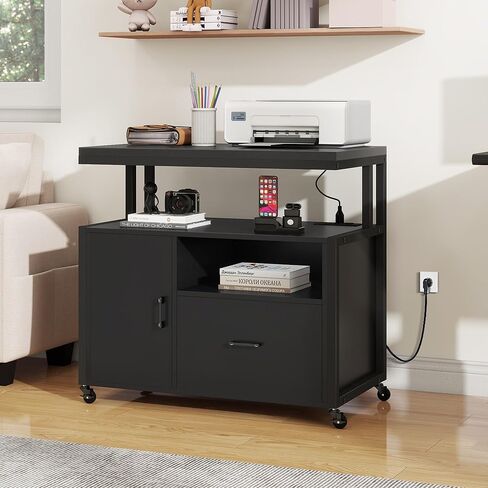 موقف طابعة مكتب DWVO مع عجلات وجداول الطابعة مع درج الملفات ونشر الشحن ، خزانة ملفات جانبية متنقلة مع رف تخزين مفتوح لرسالة/قانوني/ملفات الحجم ، الأسود in Kuwait