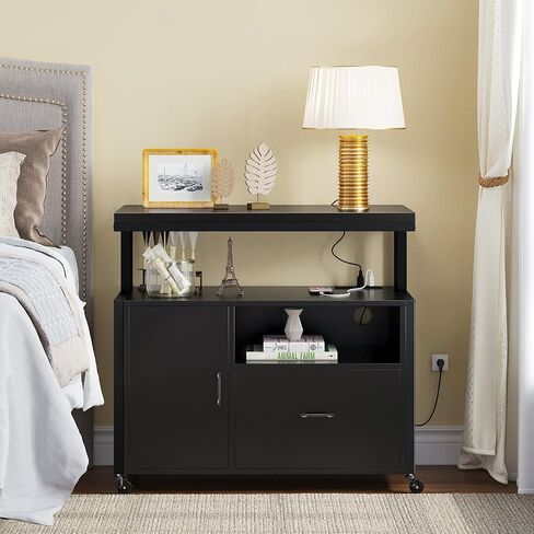 موقف طابعة مكتب DWVO مع عجلات وجداول الطابعة مع درج الملفات ونشر الشحن ، خزانة ملفات جانبية متنقلة مع رف تخزين مفتوح لرسالة/قانوني/ملفات الحجم ، الأسود in Kuwait