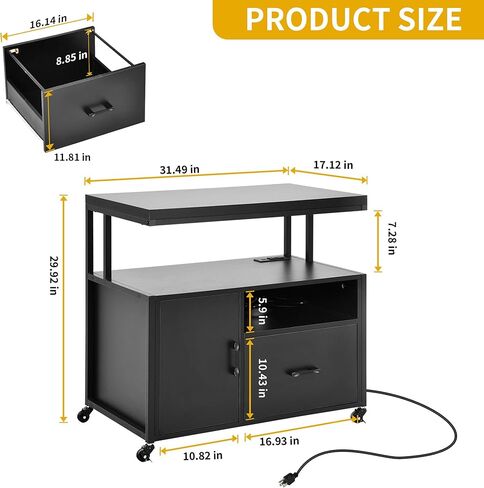 موقف طابعة مكتب DWVO مع عجلات وجداول الطابعة مع درج الملفات ونشر الشحن ، خزانة ملفات جانبية متنقلة مع رف تخزين مفتوح لرسالة/قانوني/ملفات الحجم ، الأسود in Kuwait