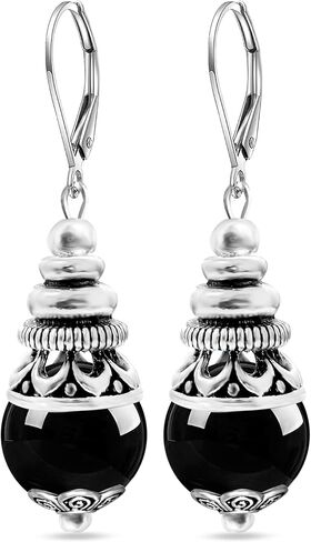 10 مم أسود أسود عقيق الحجر الحجر الأقراط ، الفضة الرجعية الحقيقية الكريستالية الكوارتز الأحجار الكوارتز بوهو بوهيميان أقراط الهدية المجوهرات للنساء (A01_Black Agate) in Kuwait