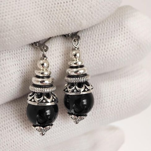 10 مم أسود أسود عقيق الحجر الحجر الأقراط ، الفضة الرجعية الحقيقية الكريستالية الكوارتز الأحجار الكوارتز بوهو بوهيميان أقراط الهدية المجوهرات للنساء (A01_Black Agate) in Kuwait