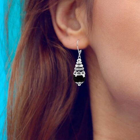 10 مم أسود أسود عقيق الحجر الحجر الأقراط ، الفضة الرجعية الحقيقية الكريستالية الكوارتز الأحجار الكوارتز بوهو بوهيميان أقراط الهدية المجوهرات للنساء (A01_Black Agate) in Kuwait