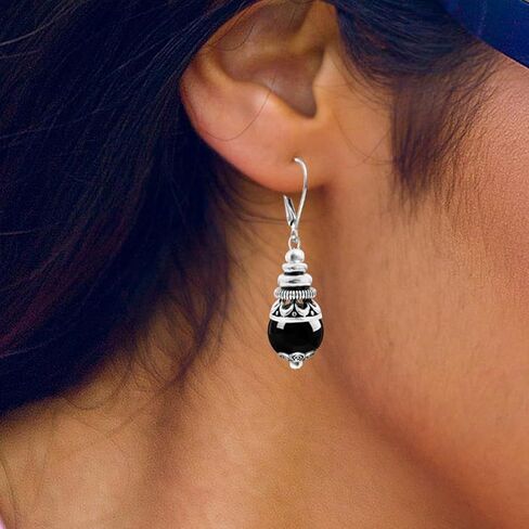 10 مم أسود أسود عقيق الحجر الحجر الأقراط ، الفضة الرجعية الحقيقية الكريستالية الكوارتز الأحجار الكوارتز بوهو بوهيميان أقراط الهدية المجوهرات للنساء (A01_Black Agate) in Kuwait