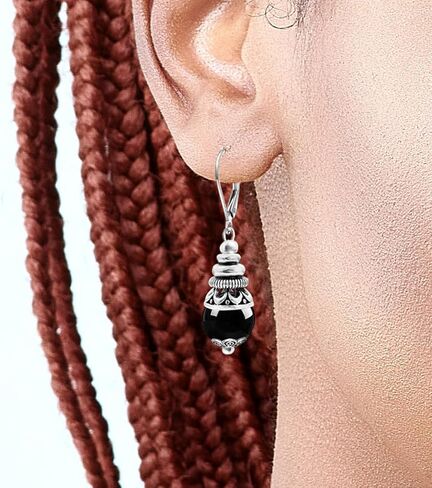 10 مم أسود أسود عقيق الحجر الحجر الأقراط ، الفضة الرجعية الحقيقية الكريستالية الكوارتز الأحجار الكوارتز بوهو بوهيميان أقراط الهدية المجوهرات للنساء (A01_Black Agate) in Kuwait