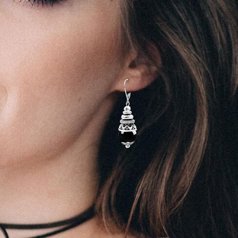 10 مم أسود أسود عقيق الحجر الحجر الأقراط ، الفضة الرجعية الحقيقية الكريستالية الكوارتز الأحجار الكوارتز بوهو بوهيميان أقراط الهدية المجوهرات للنساء (A01_Black Agate) in Kuwait