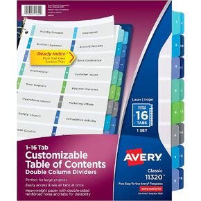 Avery Double Column 16 Tab Dividers for 3 Ring Binders, Customizable Table of Contents, Multicolor Tabs, 1 Set (11320)
