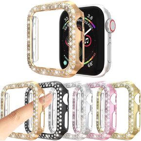 [5-Pack] Protector Case Compatible with Apple Watch Series 3 Series 2 Series 1 42mm Cover, without Screen Film, Double Row Bling Crystal Diamonds Protective Cover PC Plated Bumper Frame Accessories