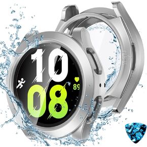 [2 in 1] Tensea for Samsung Galaxy Watch 5 2022 & 4 2021 44mm Waterproof Screen Protector Case Accessories, Protective PC Face Cover Built-in Anti-Fog Tempered Glass, Front & Back Bumper, 44 mm