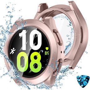 [2 in 1] Tensea for Samsung Galaxy Watch 5 2022 & 4 2021 44mm Waterproof Screen Protector Case Accessories, Protective PC Face Cover Built-in Anti-Fog Tempered Glass, Front & Back Bumper, 44 mm