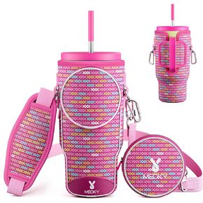 Meoky Water Bottle Carrier Bag with Phone Pocket for 40 oz Tumbler with Handle, Neoprene Water Bottle Holder Pouch with Adjustable Strap, 2 Carabiner Clips (Love)