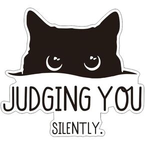 Peeking Curious Black Cat with Words "Judging You Silently" Car Decal, Unique Humorour Vinyl Decal, Peeking Cat Decal Window Trunk Rear Bumper, Black, 1PC