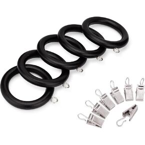 Wood Curtain Rings with Clips in Black Varnished Finish (Set of 12, 2.25 Inch)