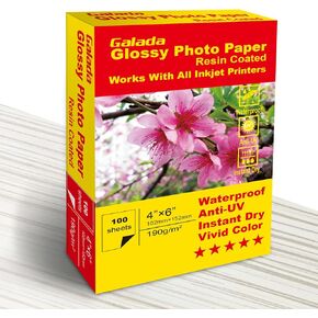Galada 4x6 High Glossy Photo Paper Works with All Inkjet Printers Vivid Color Waterproof Instant Dry Anti-UV (190gsm 100 sheets)