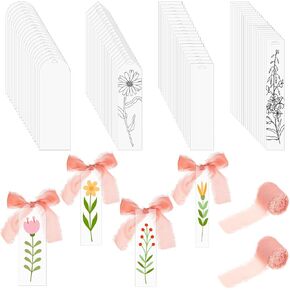 100 Pcs Acrylic Bookmark Blanks Clear Rectangle Blank Bookmarks Bulk Plastic DIY Bookmarks Bulk Transparent Acrylic Book Markers with 2 Roll Ribbons for Craft Projects Tags Gift