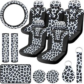 17 Pieces Leopard Print Car Accessories Set Leopard Car Seat Covers Full Set Car Cup Holders Steering Wheel Cover Armrest Pad Cover Seat Belt Pads Key Chain and Wrist Strap for Decoration Protection