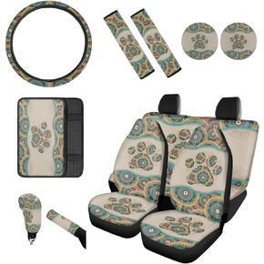 BIGCARJOB Set of 12 Pack African Ethnic Tribe Car Accessories,Car Seat Covers Back Seat Protector,Steering Wheel Cover, Armrest Cover, Seat Belt Pads Cover, Shift Knob Cover Handbrake Cover,Coasters