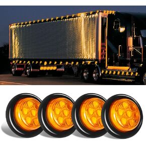 4 Pack Sealed Waterproof Round 2 Inch Amber 7 LED Clearance Marker Lights Signal Tail Light with Rubber Grommet Flush Mount for Trailer Truck Bus Pickup ATV RV Lorry Caravan 12V