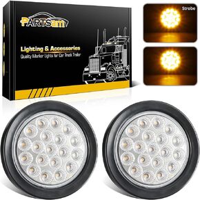 Partsam 2x 4 Inch Round Amber Strobe Lights 19 Diodes LED w/Rubber Grommet 3-Prong Wire Pigtails Amber 4 Inch Round Led Trailer Truck Tail Lights Amber Indicator 12V Clear Lens