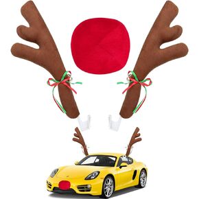 Car Reindeer Antler Kit Nose, Car Reindeer Antlers Christmas for Car Window Roof-Top & Front Grille, Auto Reindeer Antler and Nose Kit Decoration Set for Car SUV Van Truck by Hydencamm
