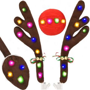 Kooboe Car Reindeer Antlers & Nose Decorations, Christmas Antlers Car Kit with LED Lights Jingle Bell Nose and Tail for Truck, Decorate Any Vehicle, Xmas Gift Set