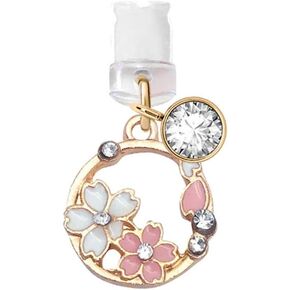 ELISE & FONDA CP85 USB Charging Port Anti Dust Plug Little Cherry Blossom Garland Pendant Phone Charm for iPhone 12/11/ XS MAX/XR/X/8 Plus/7/6S/7/SE iPad iPod（Pink）