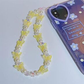 Cell Phone Lanyard Colorful Butterfly Pearl Mobile Phone Decoration Anti-Lost Lanyard Bead Phone Charm Wrist Strap