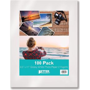 Thin Glossy Photo Paper, 100 Sheets, 8.5 x 11", 30 lb, 115gsm, Inkjet Photo Paper, by Better Office Products, for Brochure Printing, Custom Chip Bag Party Favors, Letter Size, 100-Count Pack