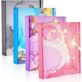 4 Pack Mini Binders 5.5 x 8.5 Three Ring, 1 Inch Marble Binder, Flower Ocean Decorative Hardcover with Elastic Cord, Binder for School, Office Use, Recipe Binder, Photo Album Pages (Marble)
