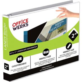 8.5" X 11" Landscape View Binder, 3-Ring Binder 2 Inch Capacity Round Ring, White Horizontal Formatted Binder with Clear Cover Pockets for Documents, Spreadsheets, Projects and More