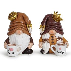 Hodao 2PCS Coffee Gnomes Coffee Bar Decor Accessories Spring Summer Swedish Tomte Elf Dwarf Figurines Gold Crown Mark Time Gnome-The Companion of Unique Coffee Taste Indoor Home Decorations (Coffee)