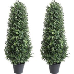 24" Artificial Topiary Boxwood Trees UV Resistant, Outdoor Faux Shrub Potted 2 Packs, Artificial Boxwood Topiaries with Black Pot, Fake Green Plants Potted Decorative Indoor Porch or Garden