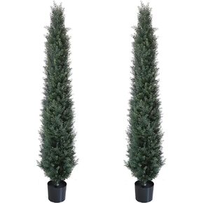 2 Pack (5 Foot-60 Inch) Artificial Topiary Cedar Tree Pot Indoor/Outdoor Plants, Artificial Cedar Topiaries FakeTrees Potted Plants in Plastic Pot